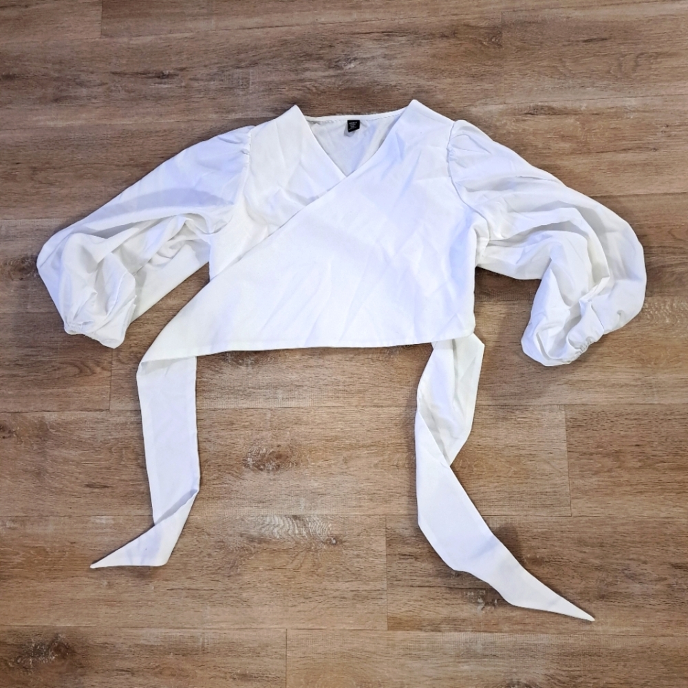 SHEIN Curve Elegant White Wrap V-Neck Long Puff Sleeves Women's Top Size OXL